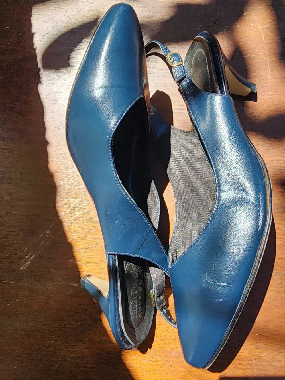 Vintage Hush Puppies Black Leather Pointed Toe Slingback Kitten Heels USA [12W]